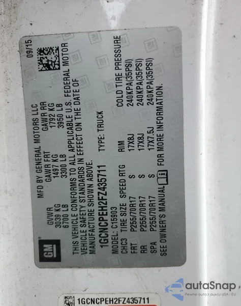 2015 Chevrolet Silverado C1500 из США, поврежденный, VIN 1GCNCPEH2FZ435711